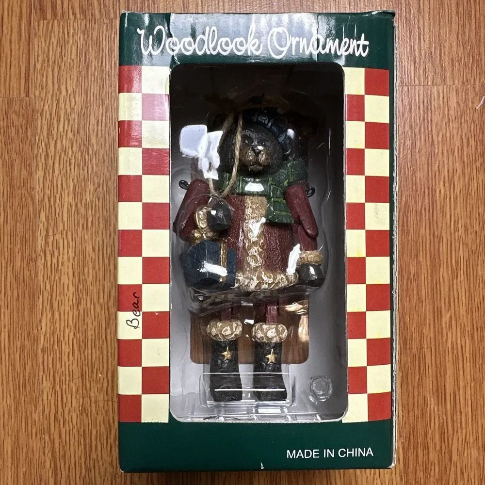 Vintage New In Box WoodLook Jointed Christmas Ornament Reindeer, Bear, Woodland
